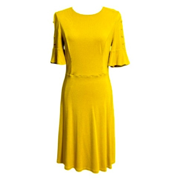 Boden Mustard Yellow Midi Dress with Adorable Buttons on the Sleeves Size 8 - Picture 1 of 7
